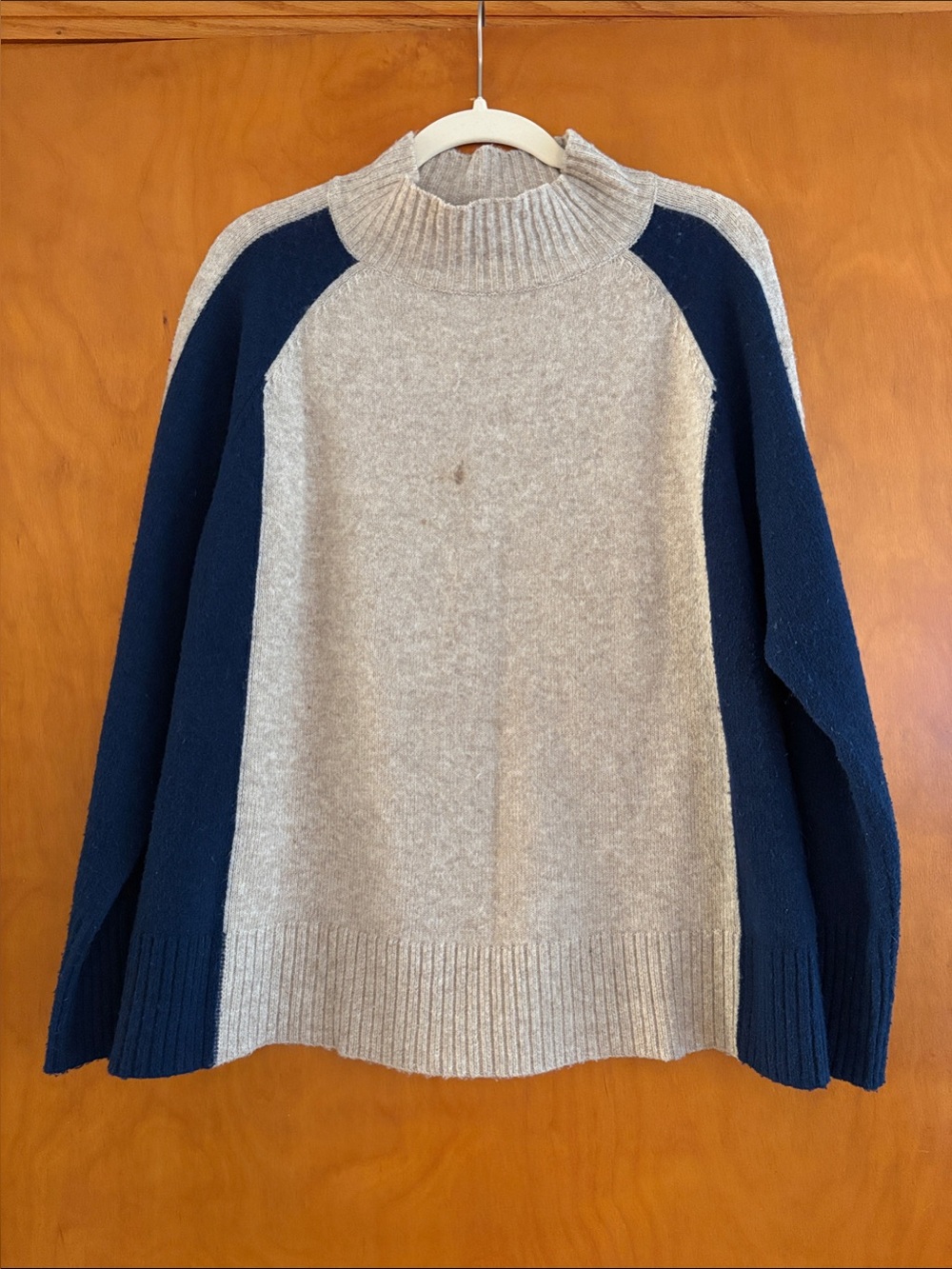 Karen Kane Two-Tone Cowl Neck Sweater in Beige and Navy